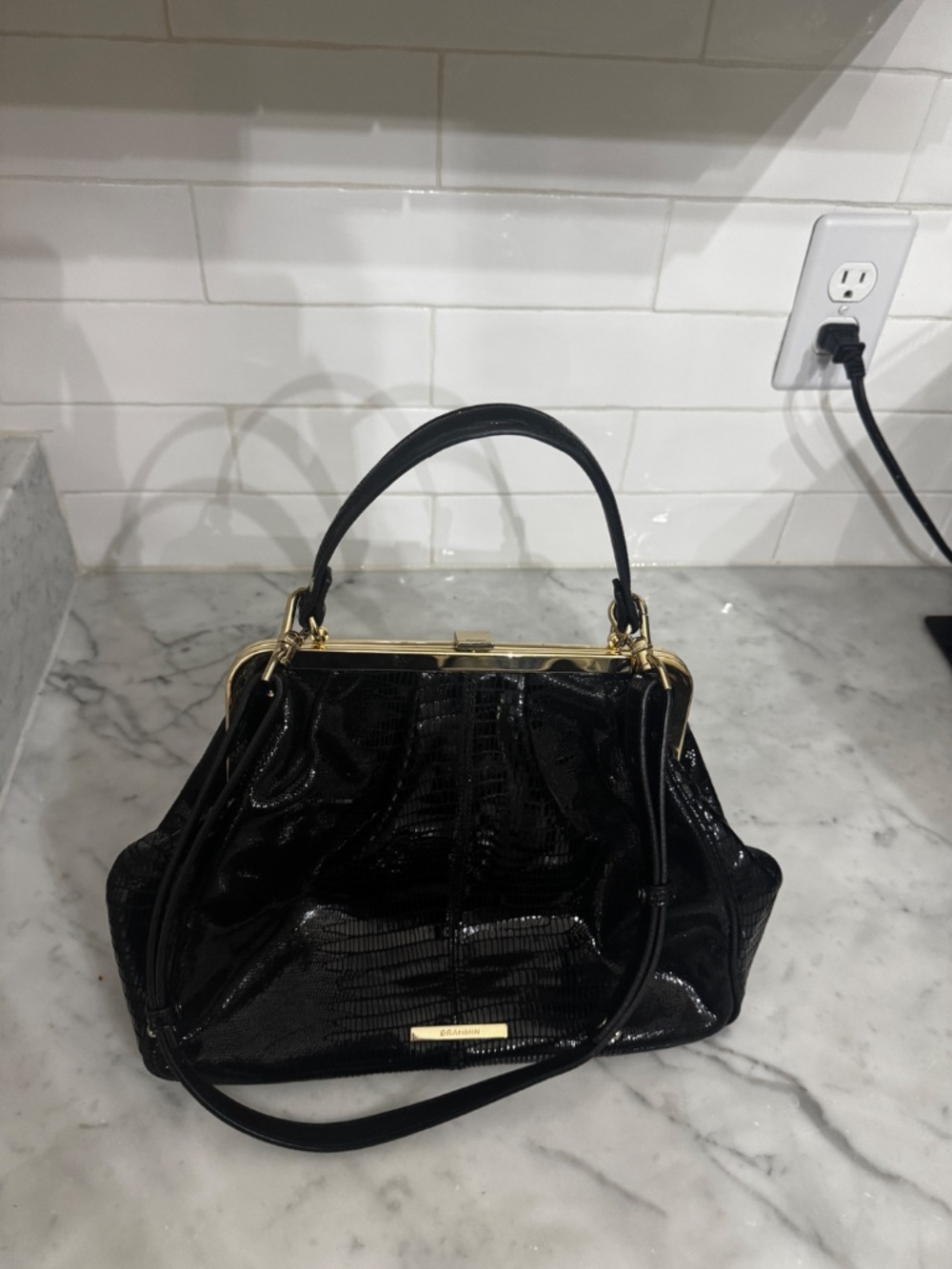 Brahmin Black Embossed Leather Frame Satchel Shoulder Bag Gold Hardware - Picture 2 of 6